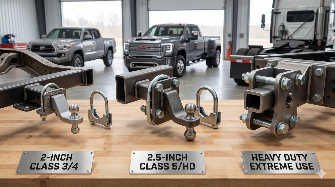 Comparison of 2-inch, 2.5-inch, and heavy-duty hitch clamp receiver setups for different towing classes